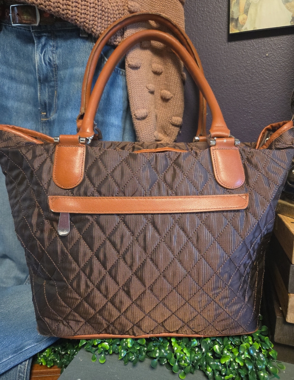 Quilted Shimmery Brown Tote with Tan Trim & Striped Interior